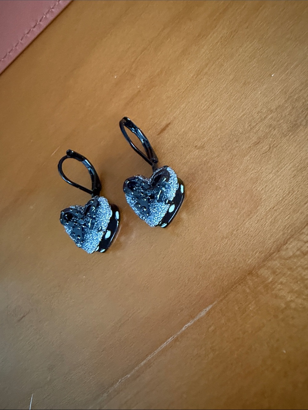 Betsy Johnson Heart Drop Dangle Earrings - Black and Silver Crystal Polka Dot - Picture 2 of 4